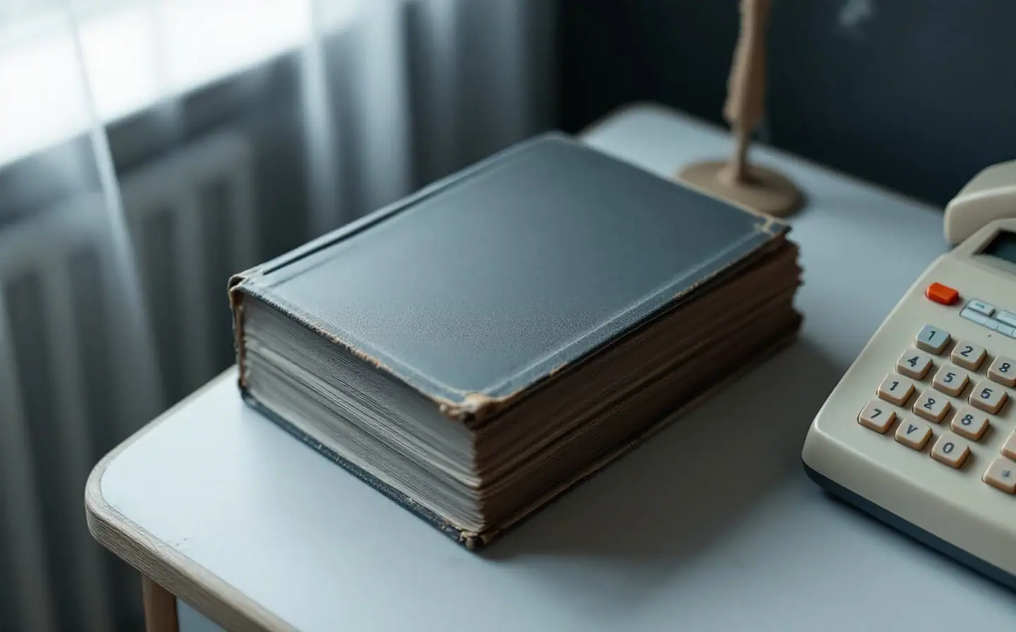 A thick closed phone directory beside a corded desk phone on a wooden shelf, soft window light, no readable text